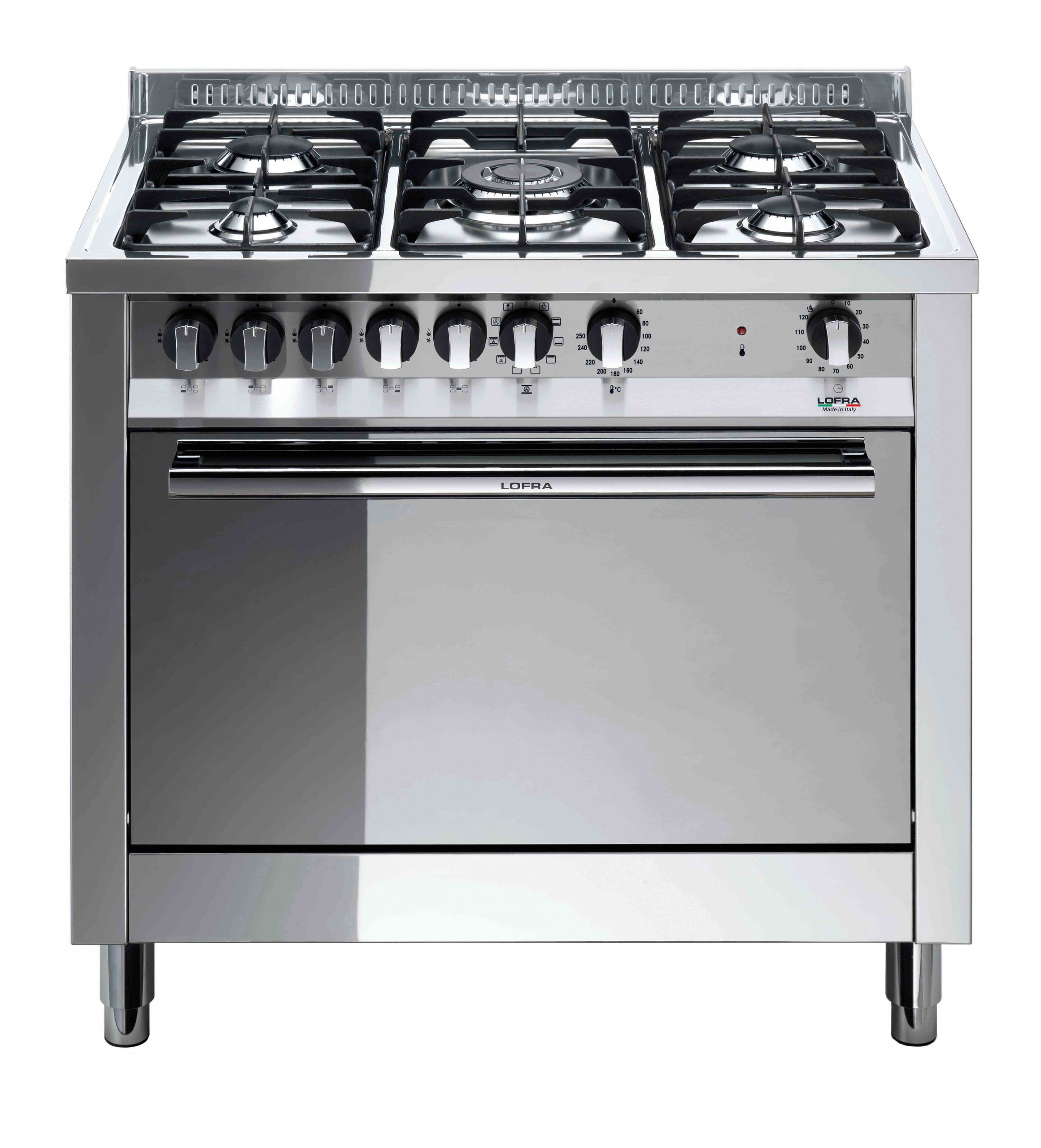 LOFRA MG96MFC Cucina Tuttoforno 5 fuochi gas Forno elettrico multifunzione  Grill Timer Griglie ghisa colore Inox Misure L90xP6